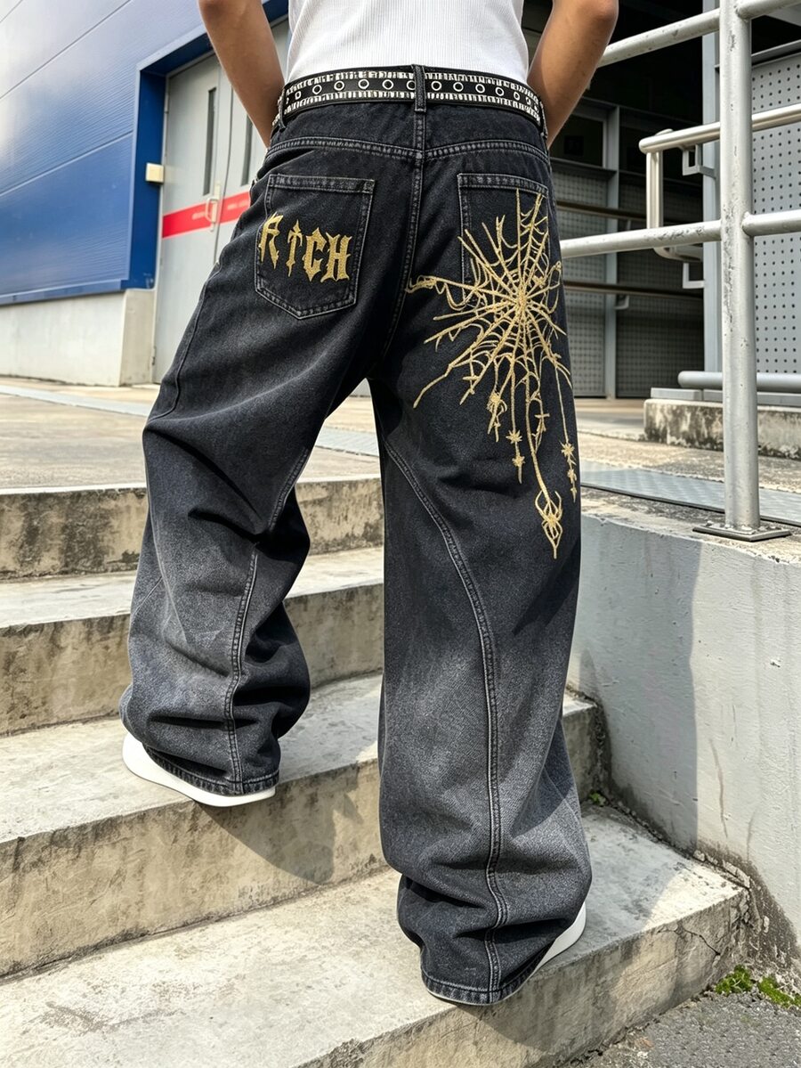 Manfinity EMRG Men's Fashion Street Spider Print Gradient Washed Denim Loose Wide Leg Pants - Black - View 1