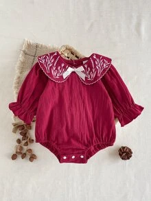 SHEIN Infant Girls Pastoral Embroidered Doll Large Collar Bowknot Cute Ruffle Elastic Cuff Long Sleeve Romper Autumn - Burgundy - View 1