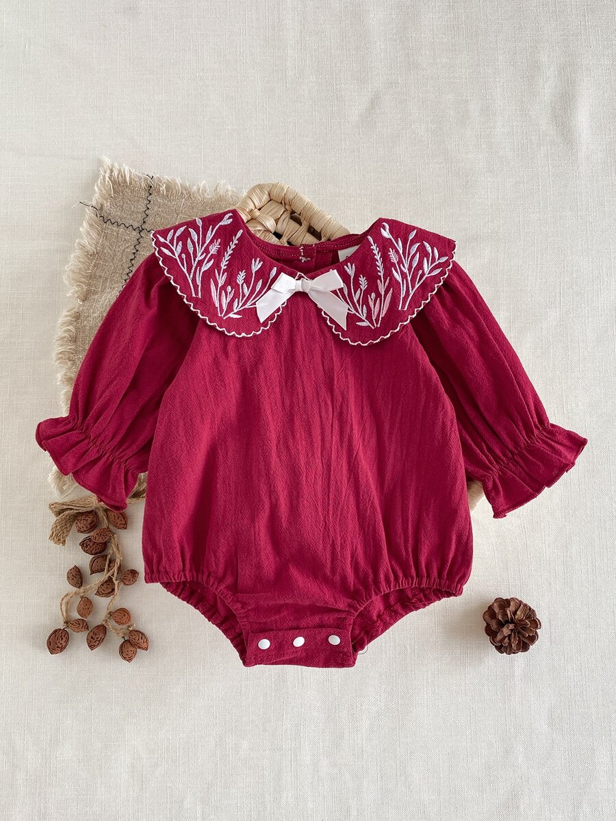 SHEIN Infant Girls Pastoral Embroidered Doll Large Collar Bowknot Cute Ruffle Elastic Cuff Long Sleeve Romper Autumn - Burgundy - View 1