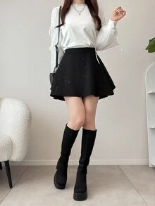FRIFUL Women's Autumn Bowknot Decor Short Skirt - Black - View 4