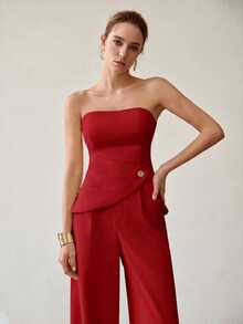 MOTF PREMIUM STRAPLESS SLIMMING ELEGANT CASUAL ROSE BUTTON DECOR COMMUTE 2 PIECES SET - Red - View 4