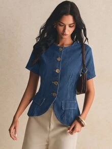 Poéselle Women's Round Neck Metal Single-Breasted Short Sleeve Denim Top - Medium Wash - View 6