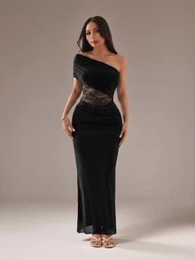 SHEIN PETITE Spring Summer New Elegant Romantic Sexy Mesh Contrast Lace Sheer Waist One Shoulder Ruched Cold Shoulder Cinched Cinched Waist Fitted Black Dress - Black - View 4
