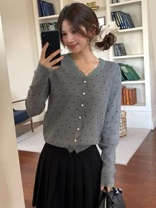 DAZY Women's V-Neck Lace Patchwork Polka Dot Casual Knit Cardigan Fall - Dark Grey - View 2