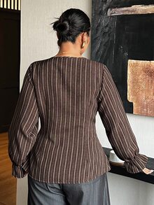 Dazy Plus V-Neck Fitted Striped Bell Sleeve Blazer, Casual Chic Commuter Style, Spring/Autumn New Arrival - Brown - View 2