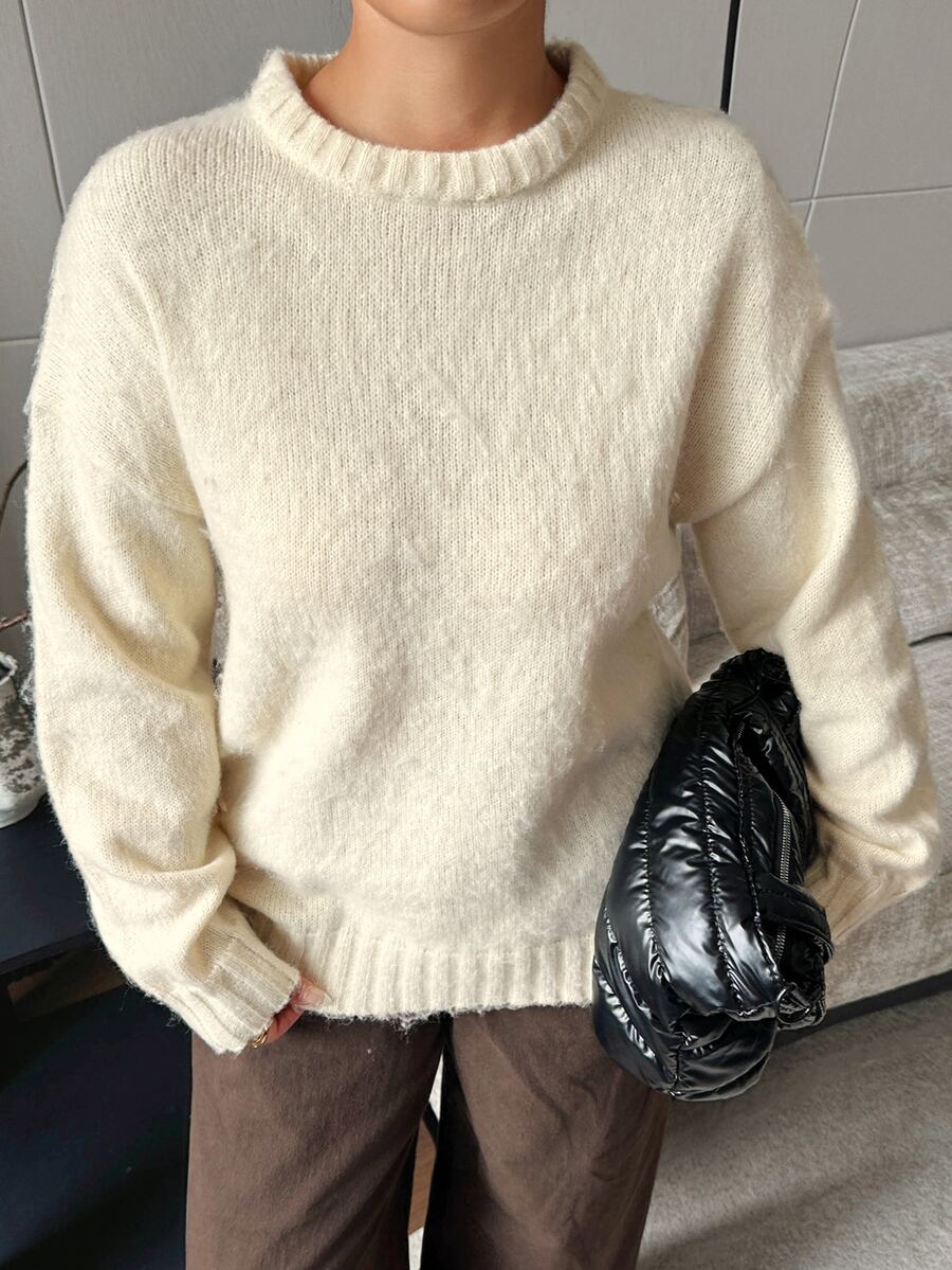 Dazy Plus Solid Color Loose Round Neck Pullover Knit Sweater, Brushed Thickened Autumn/Winter Casual Old Money Vacation Sweater - Beige - View 1