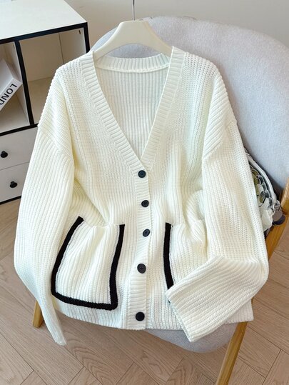 GlowEve CURVE Cardigan de talla grande elegante y holgado con contraste de color, bolsillos reales, botones, cuello en V, hombros caídos y manga larga