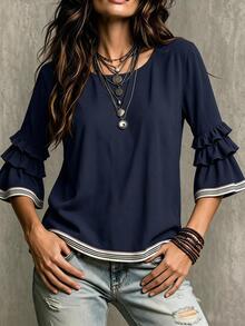 Glimmora Blus Wanita Musim Panas/Gugur Terbaru, Model French Casual, Longgar, Berkerut, Lengan 3/4 Mengembang, Warna Blok, Gaya Prancis, Lengan 3/4. - Navy Blue - View 6