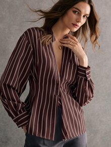 Poéselle 女款條紋長袖口袋設計休閒襯衫 - 棕色 - 查看 5