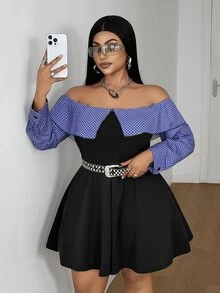 Maweii Spring Autumn Winter Plaid Patchwork Knit Fabric Waist-Cinched A-Line Ruffle Hem Elegant Sexy Black Plus Size Women's Knee-Length Dress Night Fall - Black - View 2