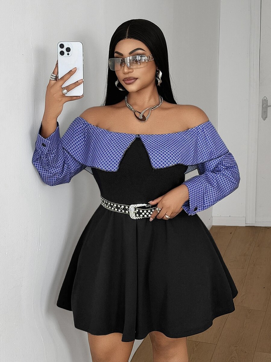 Maweii Spring Autumn Winter Plaid Patchwork Knit Fabric Waist-Cinched A-Line Ruffle Hem Elegant Sexy Black Plus Size Women's Knee-Length Dress Night Fall