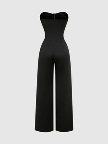 Sweetra Women's Elegant Versatile Fashion Commute & Top Bandeau Contrast Lace Black Jumpsuit - Black - View 2