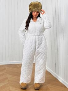 SHEIN EZwear Plus Size Women's Zipper Front Long Sleeve Casual Jumpsuit, Autumn/Winter - White - View 3