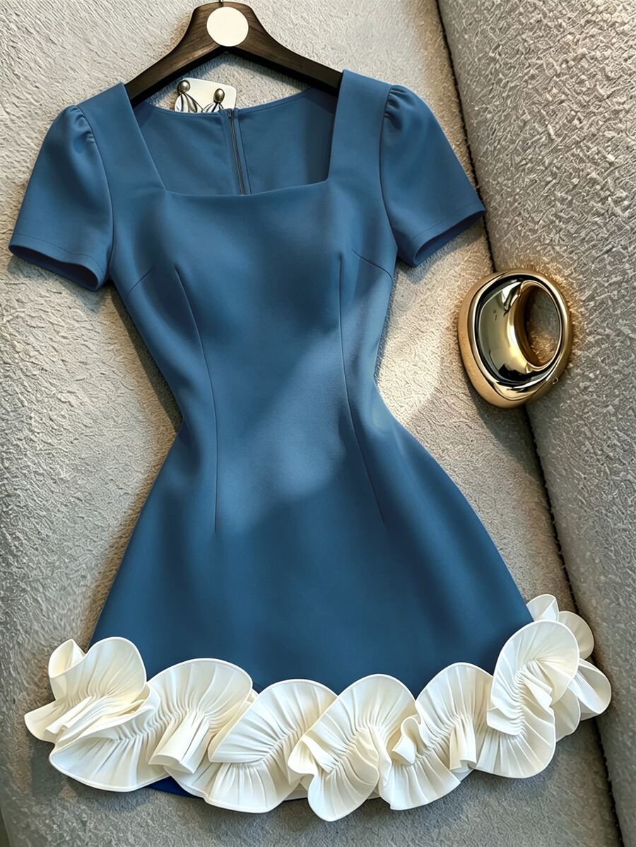 SHEIN Franclia 女款優雅拼接色荷葉邊洋裝 - 中等水洗藍 - 查看 1