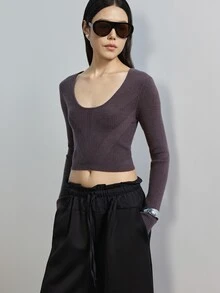 MERLEAU Women's Modern Cropped Fashion Long Sleeve Knit Top - Brown - View 6