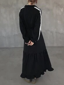 FRIFUL Women's Side Stripe Zipper Placket Drawstring Waist Casual Long Dress Fall - Black - View 2