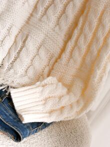 Elaquor Plus Size Versatile Gentle Cable Knit Tassel Hem Pullover Sweater - Beige - View 5