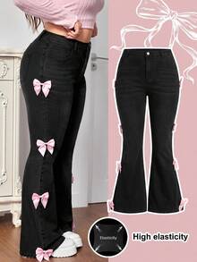 SHEIN MOD Celana Jeans Flare Kasual Wanita Ukuran Plus dengan Hiasan Pita untuk Sehari-hari - Hitam - View 3