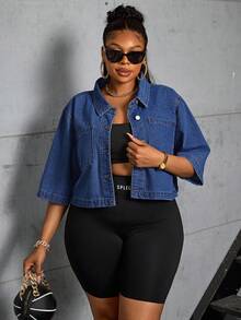 SHEIN CURVE+ Jaket Denim Lengan Pendek Biru Non-Stretch untuk Wanita Ukuran Plus Cowgirl Outfit - Dark Wash - View 1