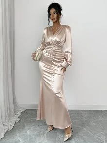 Elenzga Women's Solid Color V-Neck Pleated Elegant Waist-Cinching Party Dress - Champagne - View 5