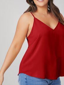 SHEIN BASICS 大尺碼純色細肩帶背心上衣 夏季女款上衣 夏日穿搭 - 紅色 - 查看 4