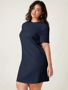 SHEIN BASICS 大尺碼女款短袖純色T恤洋裝 夏季休閒連身裙 - 藏蓝色 - 查看 5