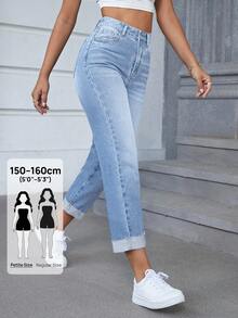 SHEIN PETITE Women's Outdoor Fashion Versatile Wide Leg Cuffed Hem Blue Denim Jeans - Light Wash - View 1