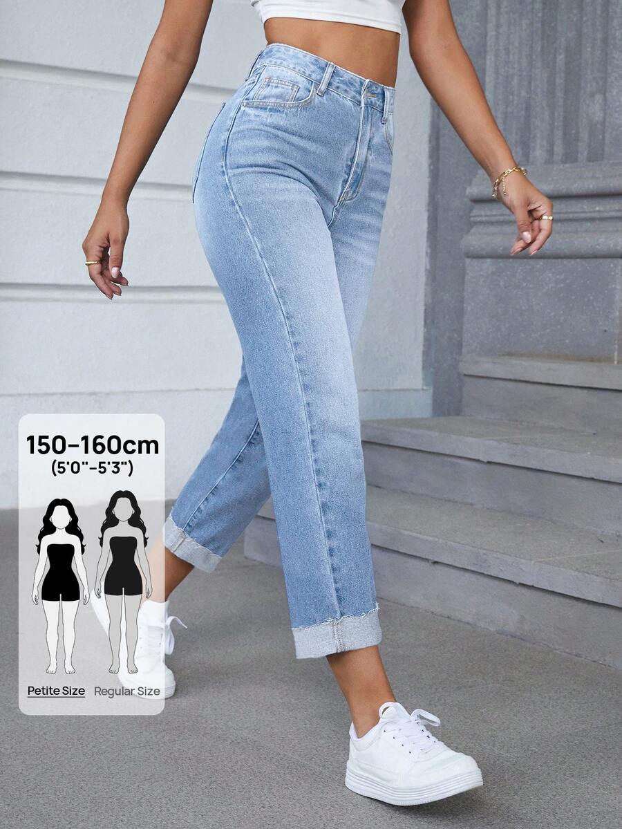 SHEIN PETITE Women's Outdoor Fashion Versatile Wide Leg Cuffed Hem Blue Denim Jeans - Light Wash - View 1
