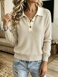 SHEIN Holidaya Women's Colorblock Raglan Long Sleeve Polo Collar Casual Sweater - Apricot - View 3