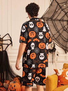 Provexi Provexi Halloween Men's Lapel Collar Open Front Short Sleeve Shorts Pajama Set - Multicolor - View 2