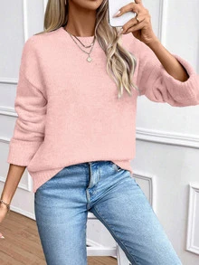 SHEIN 女款時尚淡粉色圓領收口袖羊毛混紡套頭毛衣，適合秋冬休閒購物、節日聚會、約會 - 淺粉色 - 查看 6
