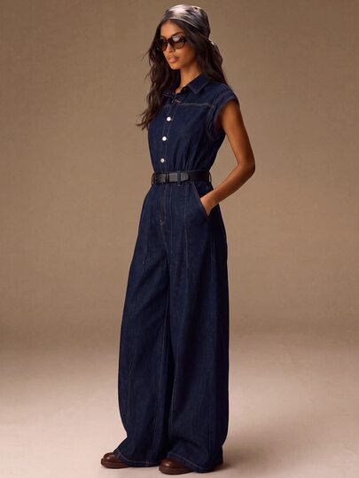 Athîral Denim Women's Single-Breasted Wide Leg Casual Denim Jumpsuit