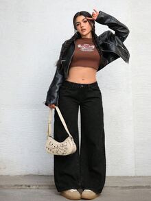 SHEIN CURVE+ Celana Jeans Denim Lurus Kasual Serbaguna untuk Wanita Ukuran Plus - Hitam - View 5