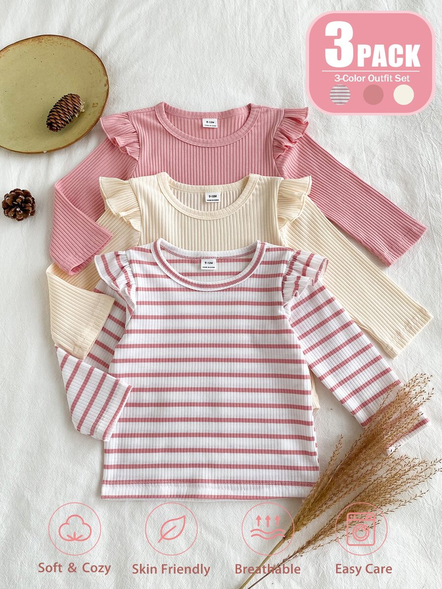 SHEIN 3pcs Baby Girls Ribbed Flutter Sleeve Long Sleeve T-Shirts, Autumn/Winter New Round Neck Tops, Including Ribbed And Solid Color, Sweet Versatile Base Layer For Little Girls - Multicolor - View 1