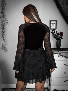 Whyspr Plus Size Dark Gothic Vintage Velvet Black Mesh Patchwork Bell Sleeve Cinched Cinched Waist Dress Fall - Black - View 2