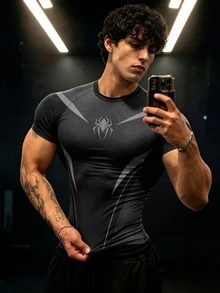 Gym Rark 男士插肩袖短袖蜘蛛印花運動T恤，附點線設計 - 黑色 - 查看 5