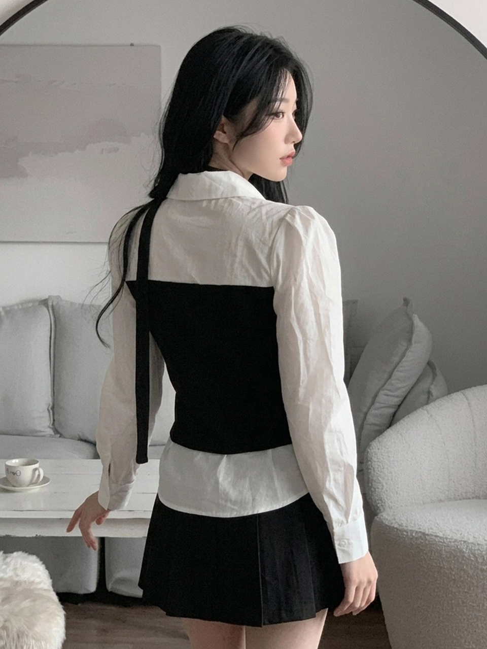 White Shirt Patchwork Black Bandeau Waist-Cinching 2 In 1 Long Sleeve Casual Fashion Women's Sweatshirt Top