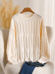 Elaquor Plus Size Versatile Gentle Cable Knit Tassel Hem Pullover Sweater - Beige - View 4