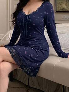 Dazy Plus 甜美蝴蝶結印花蕾絲拼接收腰短洋裝，優雅睡裙，春夏季秋季新款 - 藏蓝色 - 查看 5