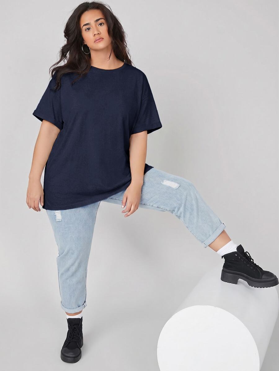 SHEIN BASICS 大尺碼捲袖口純色夏季上衣 - 藏蓝色 - 查看 1