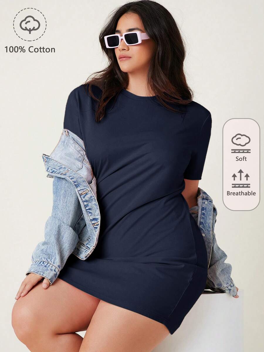 SHEIN BASICS 大尺碼女款短袖純色T恤洋裝 夏季休閒連身裙 - 藏蓝色 - 查看 1