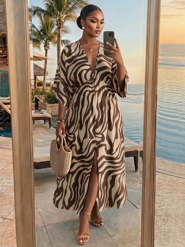 SHEIN Lady CURVE Plus Size Women's Zebra Print Deep V-Neck Batwing Sleeve Split Hem Casual Dress