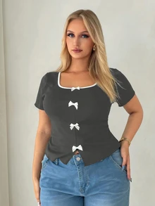 Auralis Plus Size Summer Casual Bowknot Decor T-Shirt - Dark Grey - View 3
