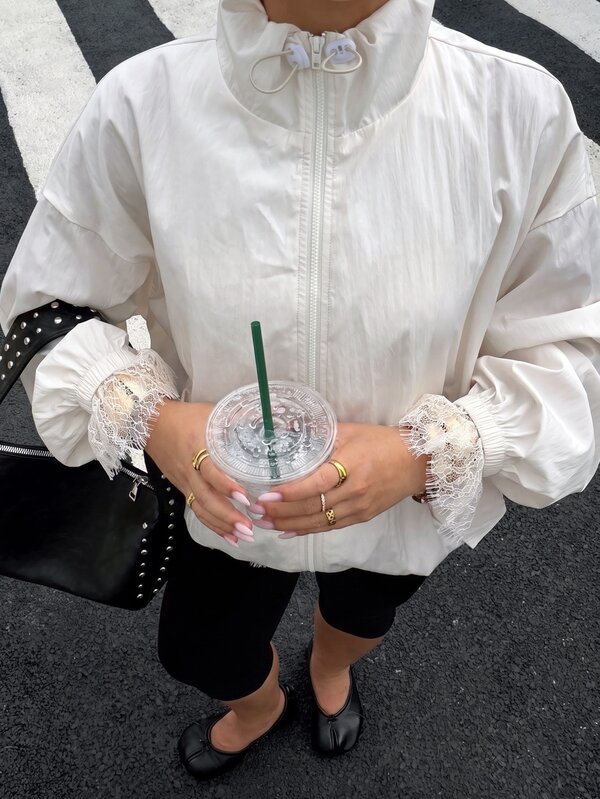 Muchica Off-White Lace Trim Bomber Jacket Autumn Elegant Casual Vacation Party Night Out Office Semi Formal Everyday Lunch Date Festival Outwear For Women