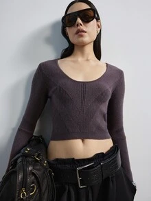 MERLEAU Women's Modern Cropped Fashion Long Sleeve Knit Top - Brown - View 4