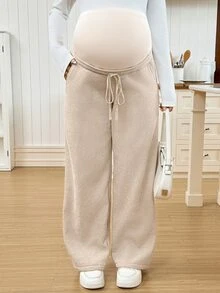 SHEIN Maternity Solid Color Adjustable Waist Straight Leg Casual Pants - Khaki - View 5