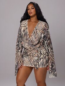 Rustia Summer New Sexy Mesh Deep V-Neck Digital Print Fitted Mini Plus Size Dress Fall - Multicolor - View 5