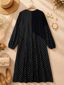 Rusticease Plus Size Women Polka Dot Pattern Button Design Long Sleeve Casual Dress Fall - Black - View 2