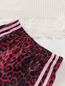 SHEIN 少女豹紋拼接休閒日常長褲 - 玫紅色 - 查看 3