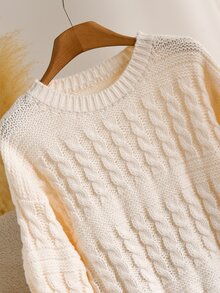 Elaquor Plus Size Versatile Gentle Cable Knit Tassel Hem Pullover Sweater - Beige - View 3